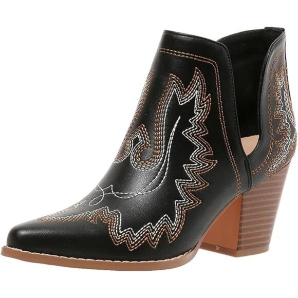 New Boho Embroidered Cowgirl Booties - Western Ankle Boots, Cutout Detailing - Picture 6 of 6